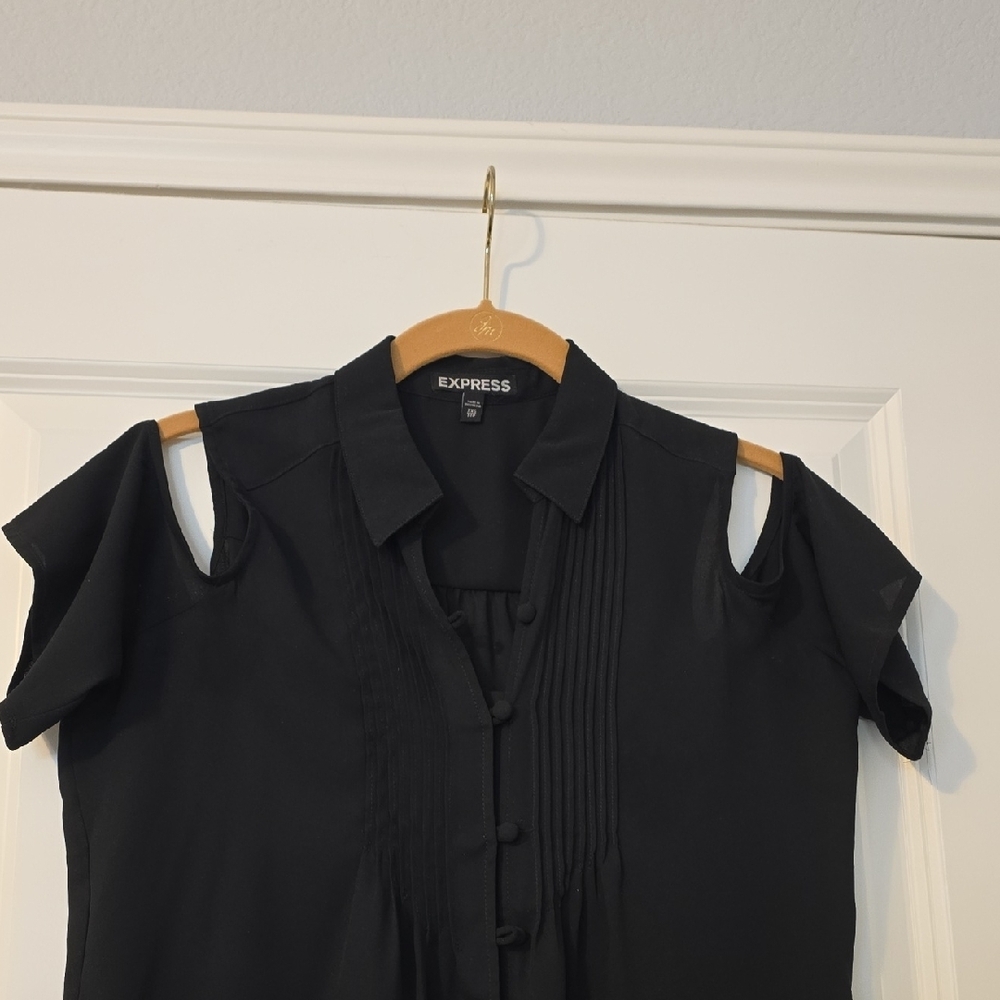 Express Women's Black Button-Down Shirt with Cut-Out Sleeves. Size XXS EC